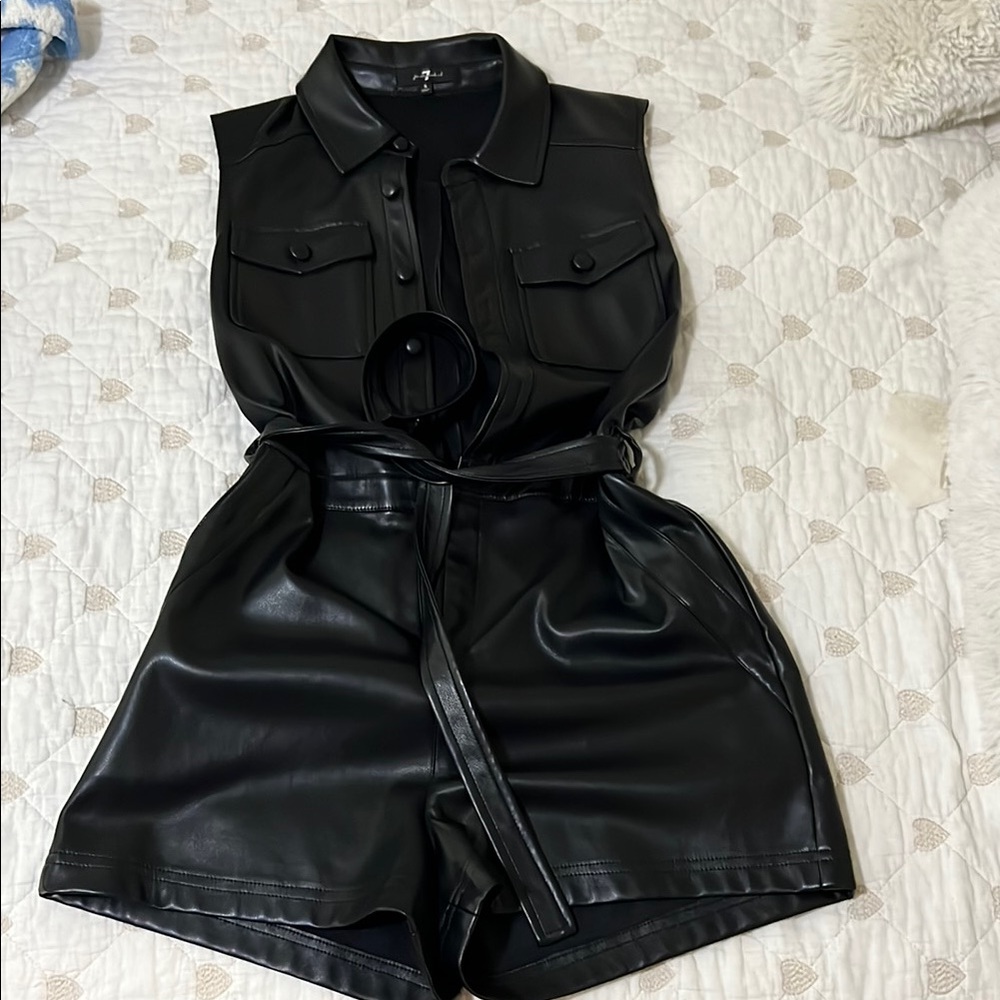 7 For All Mankind Black Faux Leather Sleeveless Romper with Belt